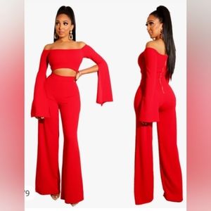 Red Off the Shoulder Mid Cut Out Wide Leg & Sleeve Flare Jumpsuit Size Large